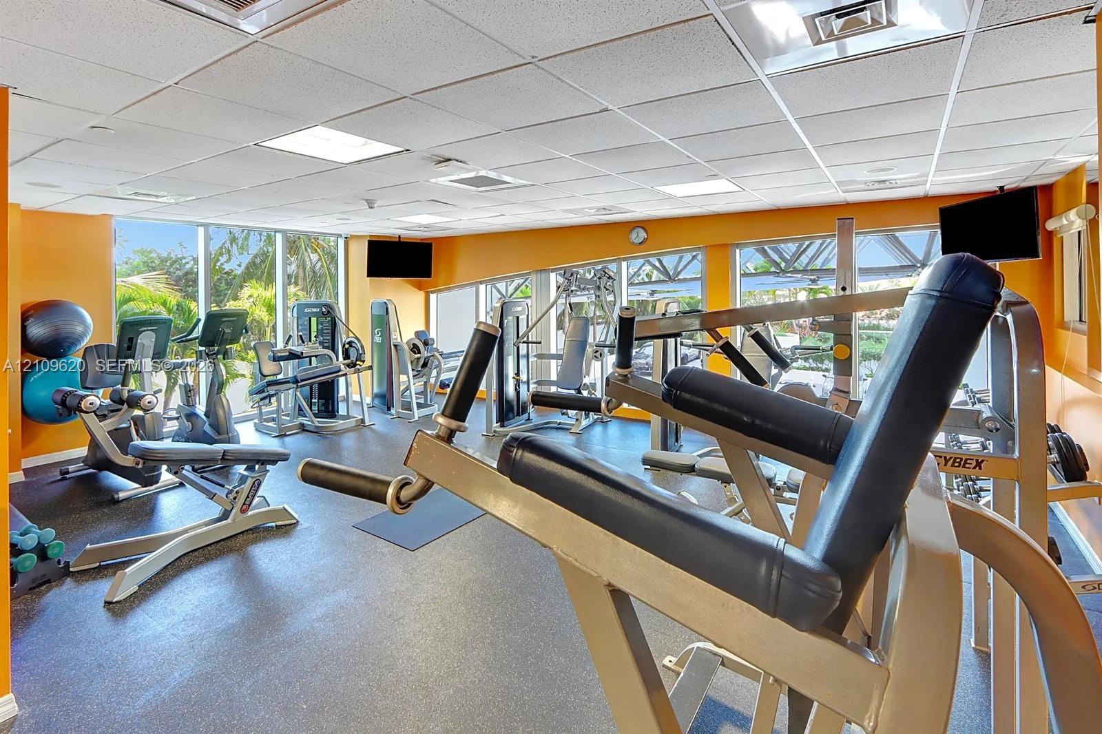 Fitness center featuring wall-to-wall windows, rubberized flooring, and drop-ceiling lighting