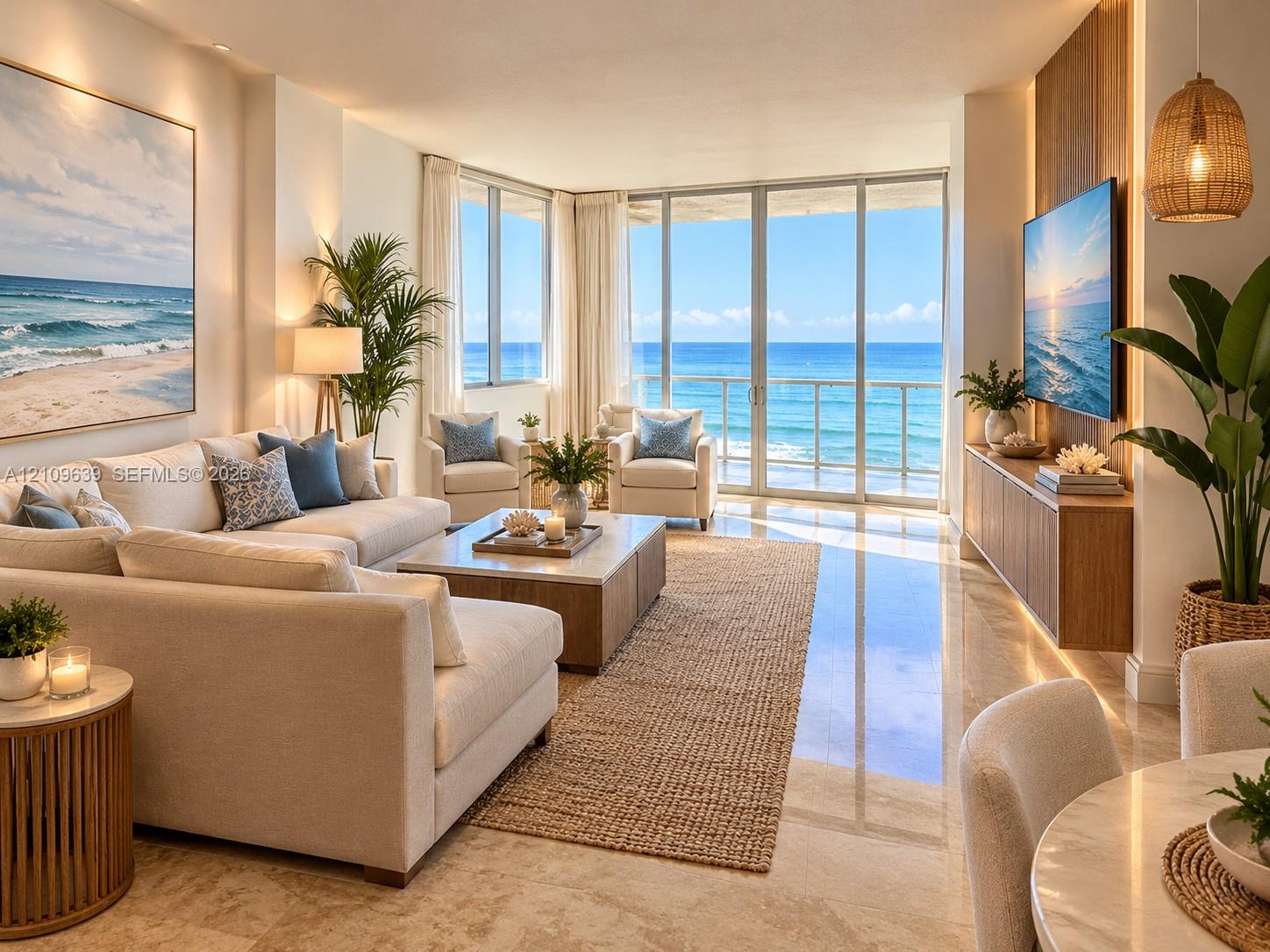 Floor-to-ceiling glass doors and windows, polished stone flooring, wall with vertical wood paneling, and a metal-railed balcony with direct ocean biew