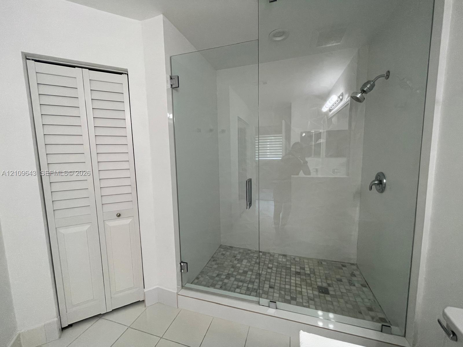 Walk-in shower featuring a frameless glass enclosure, pebble-tile flooring, and metallic fixtures