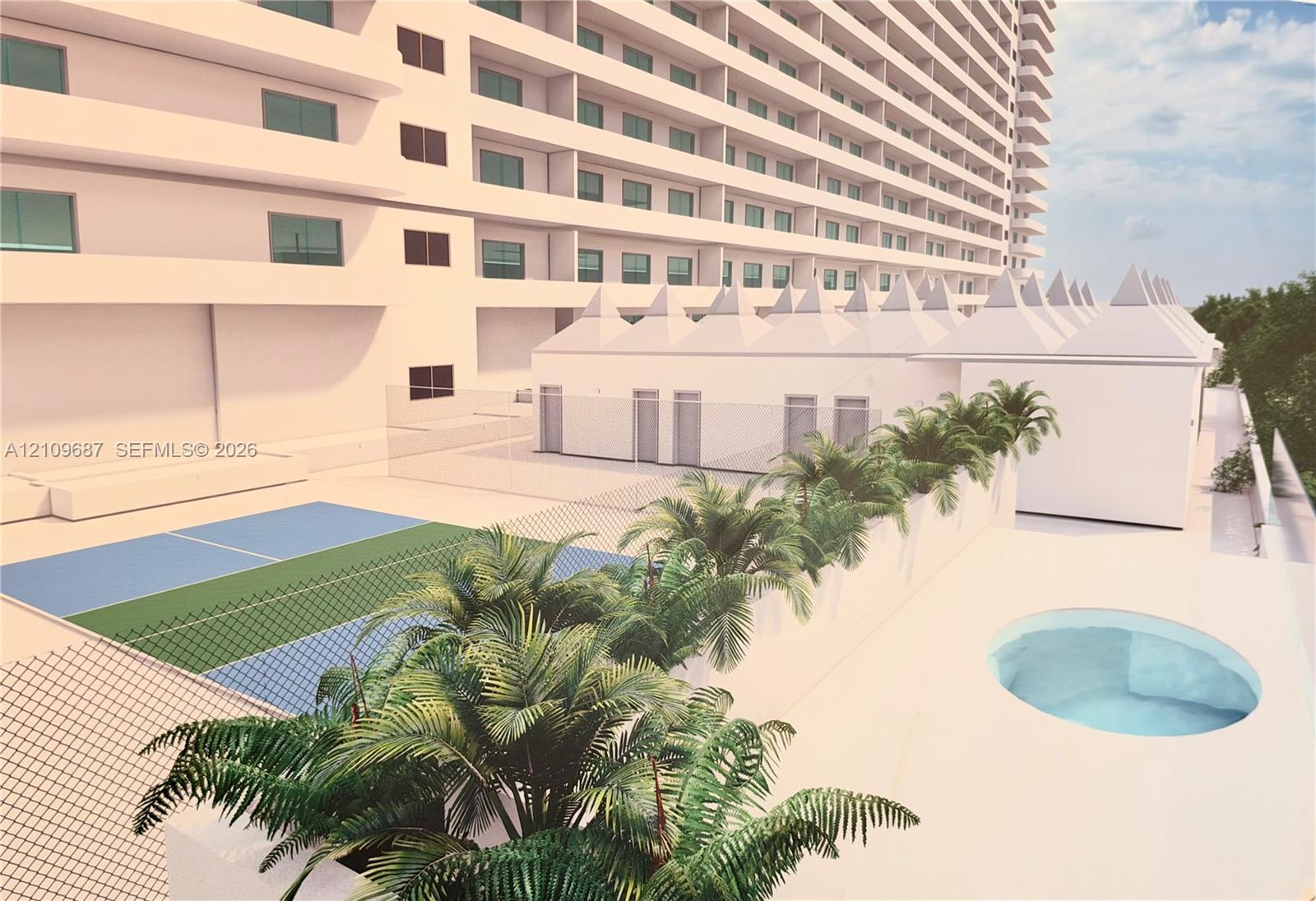 Recreational deck featuring a tennis court, circular pool, and manicured palm landscaping