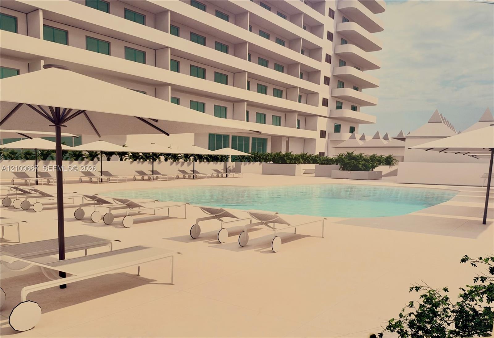 Outdoor swimming pool featuring a concrete terrace, built-in planters, and a multi-story exterior facade with cantilevered balconies