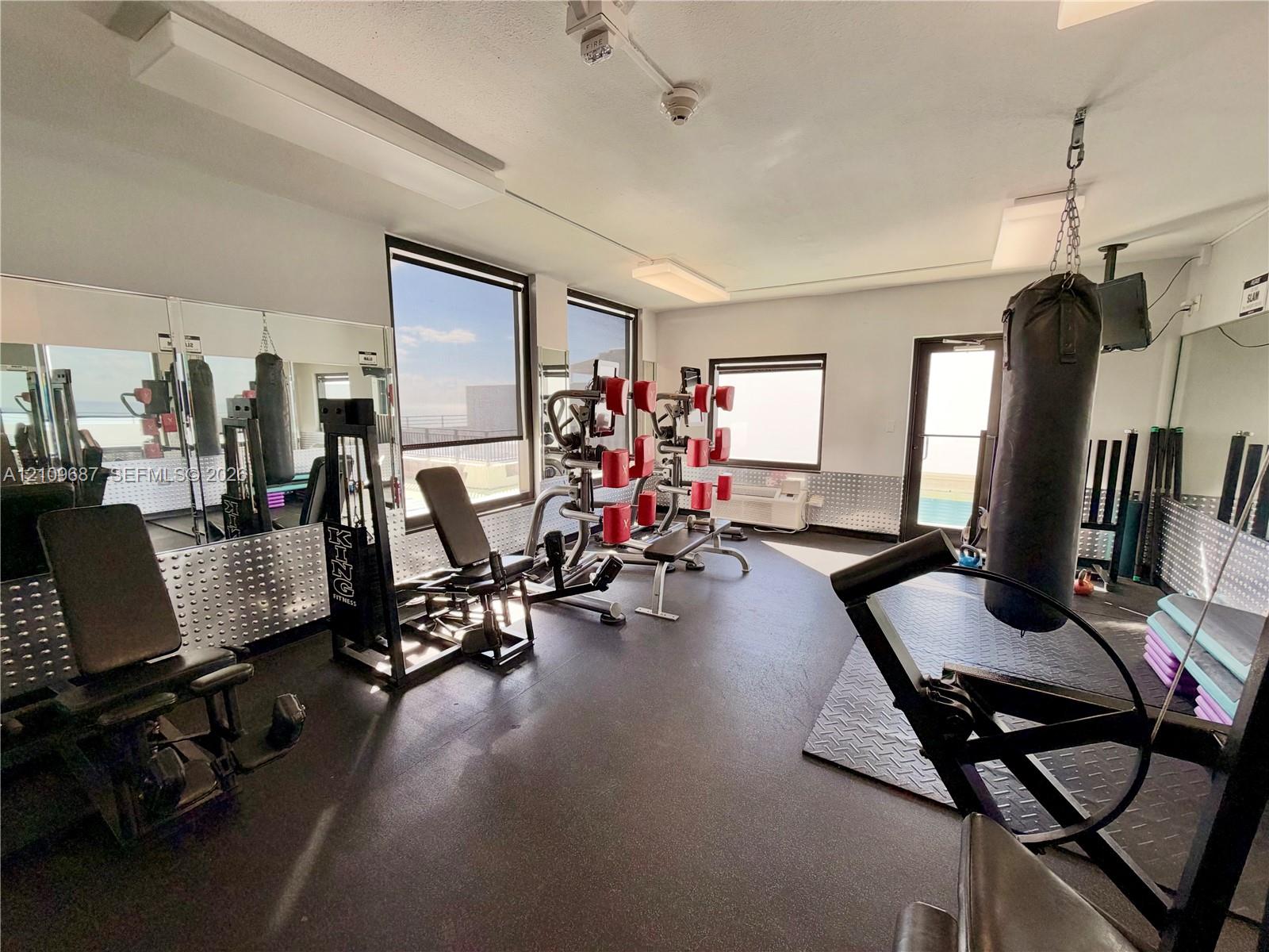 Fitness room featuring expansive mirror walls, rubberized flooring, diamond-plate metal wainscoting, and large windows