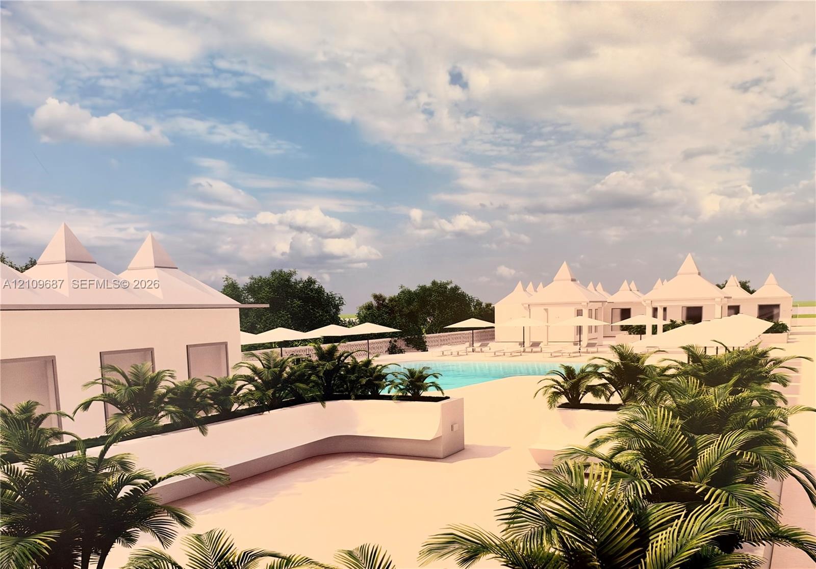 Swimming pool area featuring tiered roof structures, integrated planter boxes, expansive patio space, and mature palm landscaping