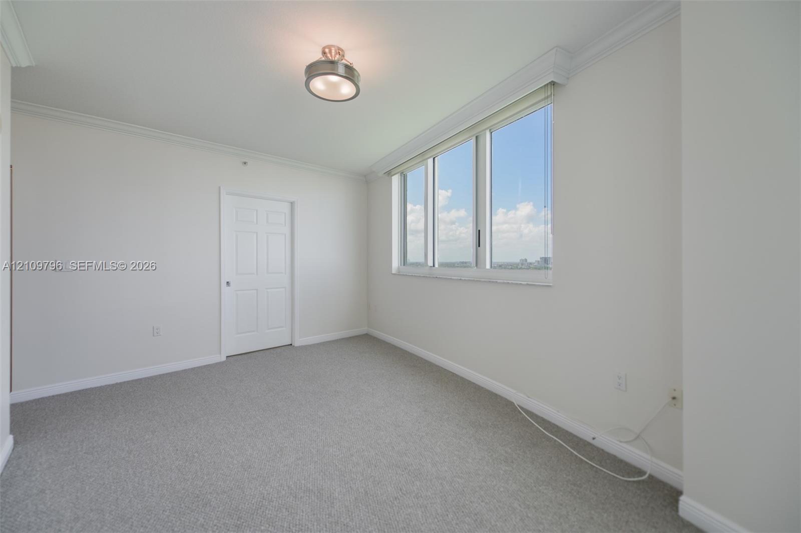 Neutral-toned carpeting, crown molding, multi-pane window with top valance, six-panel interior door, and metallic flush-mount ceiling lighting