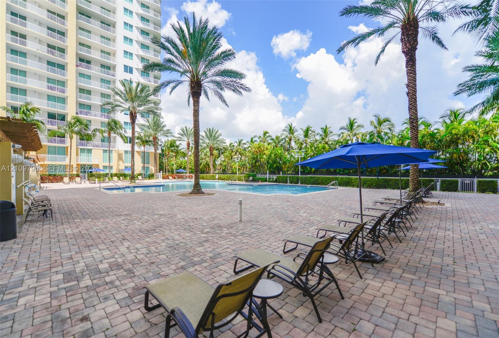 Swimming pool with stone-paver deck, mature palm trees, and perimeter landscaping