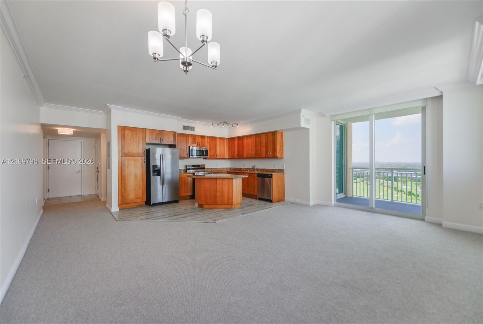 Open-concept area featuring wooden cabinetry, a central kitchen island, stainless steel appliances, neutral wall-to-wall carpeting, and floor-to-ceiling glass sliding doors