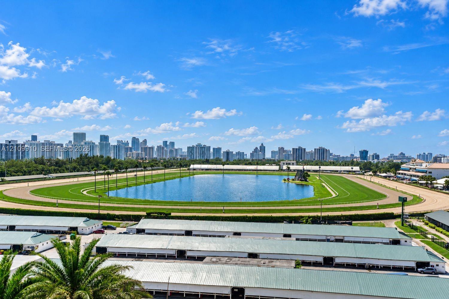 Aerial perspective featuring a racetrack, central water feature, and expansive skyline backdrop