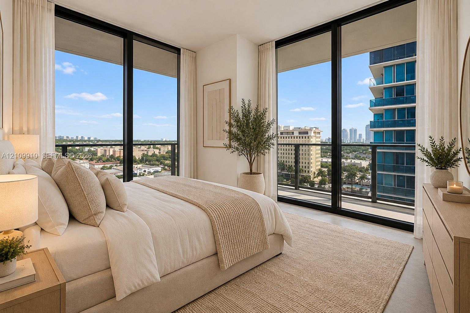 Floor-to-ceiling windows with dark framing, metal balcony railings, and neutral flooring