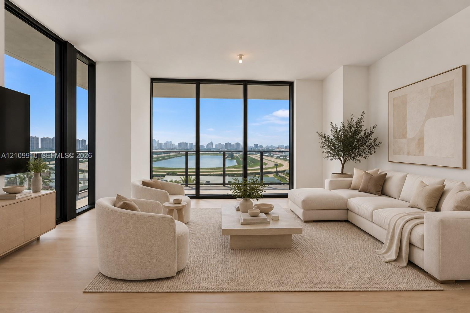 Floor-to-ceiling windows, wood-finish flooring, black window frames, and private balcony access with panoramic outdoor scenery