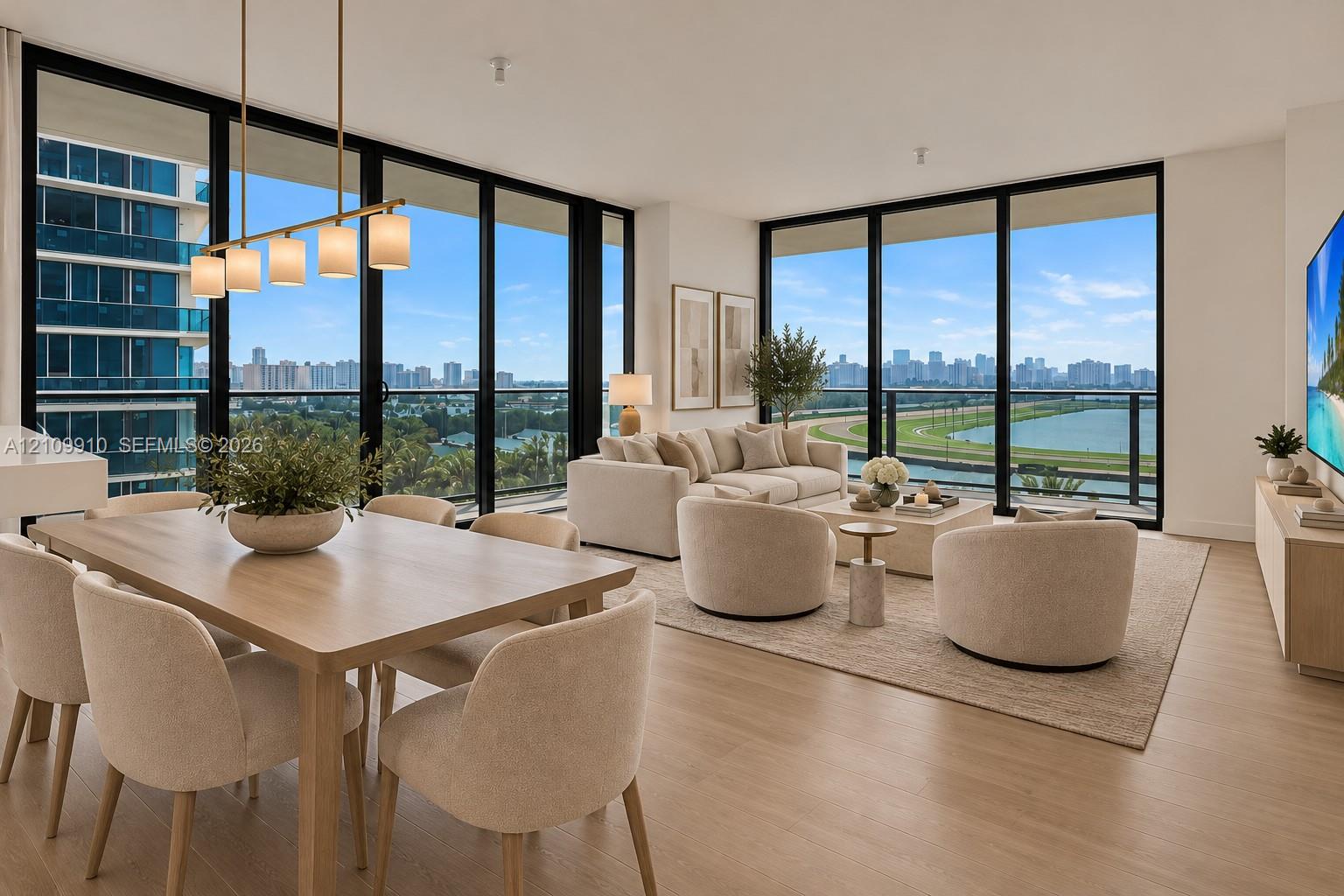 Floor-to-ceiling windows, wood-finish flooring, linear pendant lighting, and private balcony access Floor-to-ceiling windows, wood-finish flooring, linear pendant lighting, and private balcony access