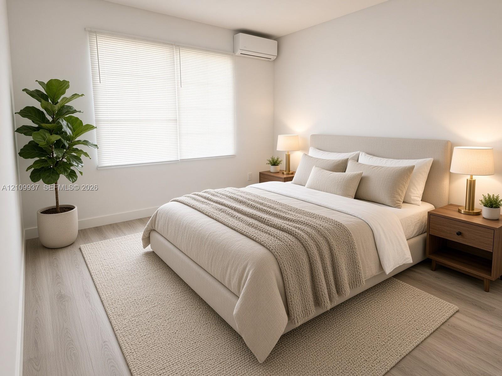 Room featuring wood-finish flooring, white walls, and a wall-mounted climate control unit