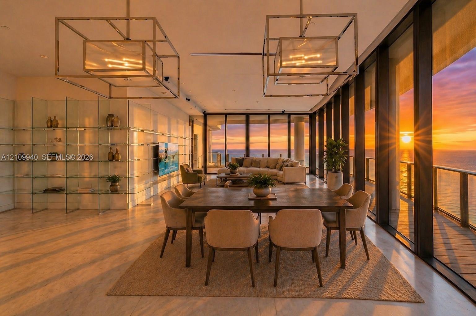 Open-concept interior featuring floor-to-ceiling glass walls, built-in glass shelving, geometric metal pendant lighting, and an expansive balcony overlooking the ocean