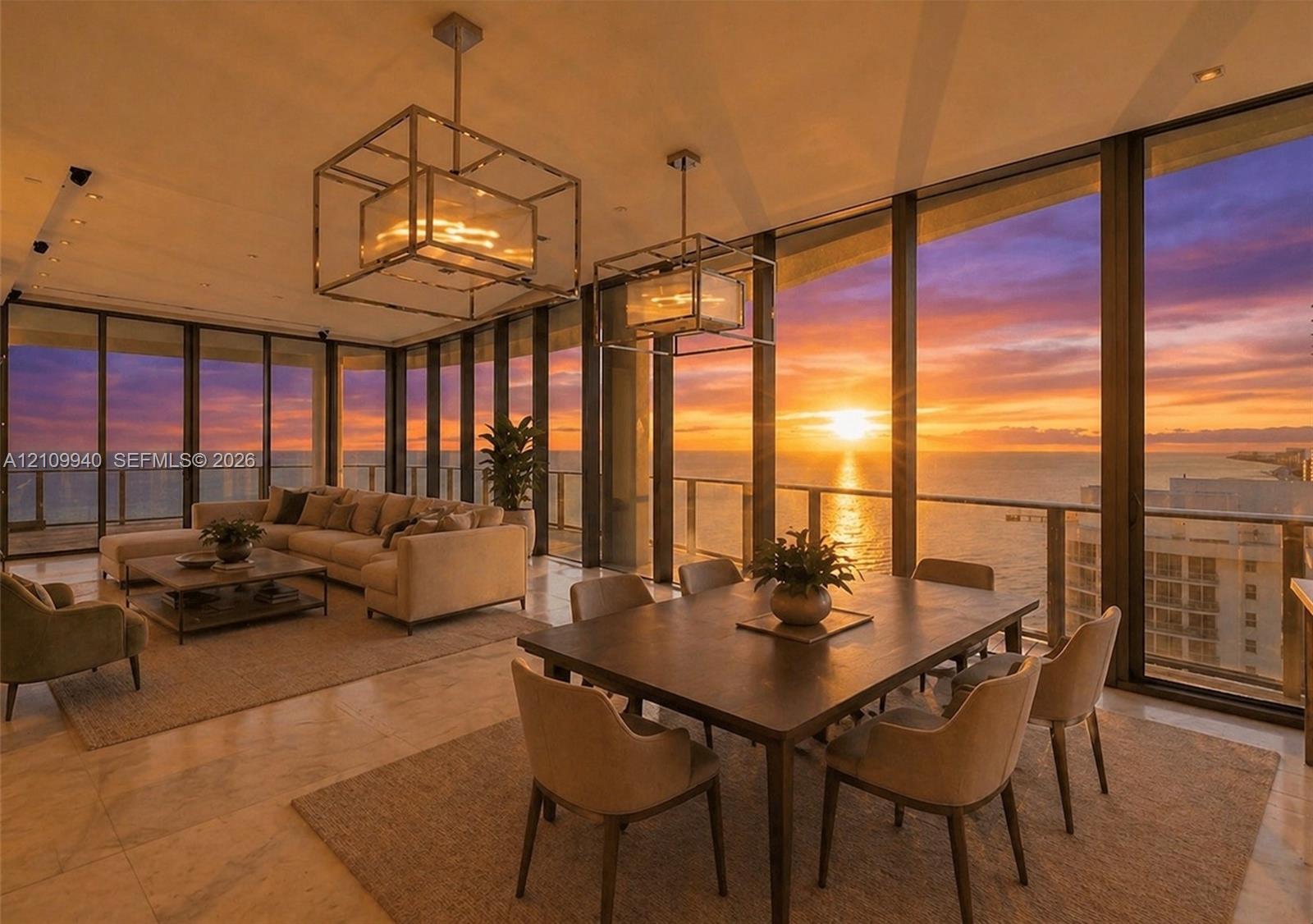 Floor-to-ceiling glass walls, open-concept interior, stone flooring, and geometric pendant lighting