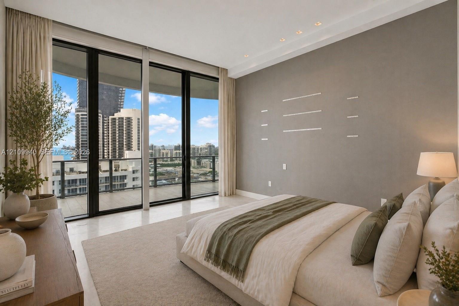 Floor-to-ceiling glass wall, recessed ceiling lighting, neutral interior palette, and balcony access