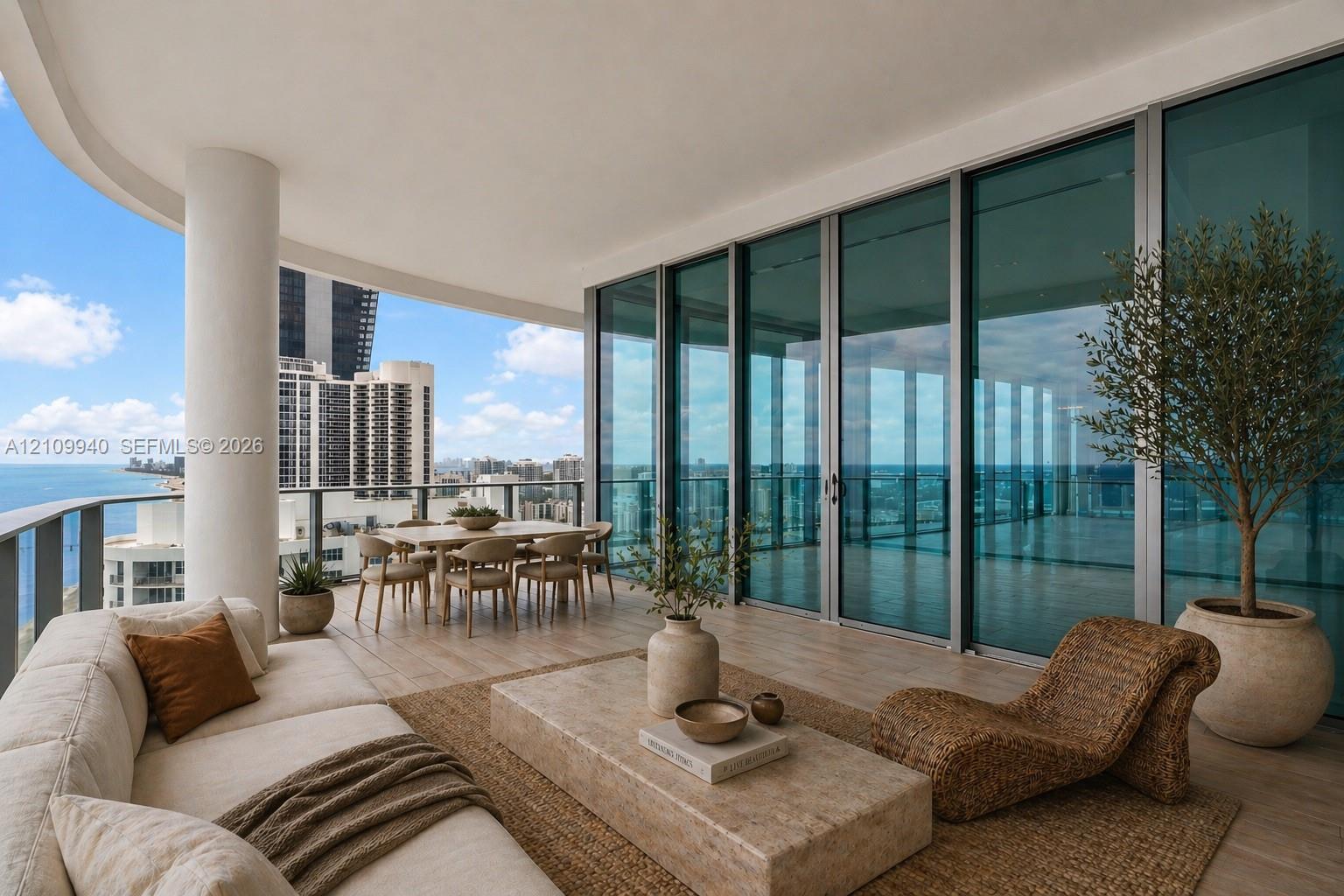 Expansive wrap-around balcony featuring large-format tile flooring, a metal railing, floor-to-ceiling glass sliding doors, and a structural concrete column