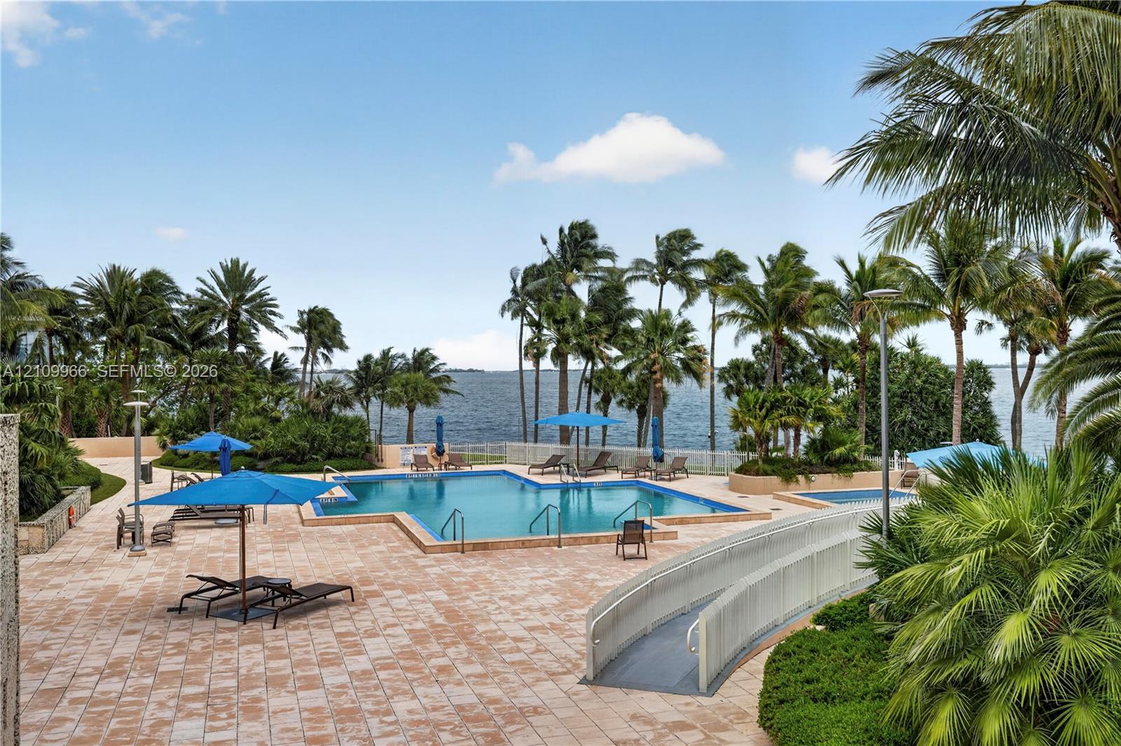 Outdoor swimming pool and spa surrounded by stone-paver decking, mature palm trees, and water frontage