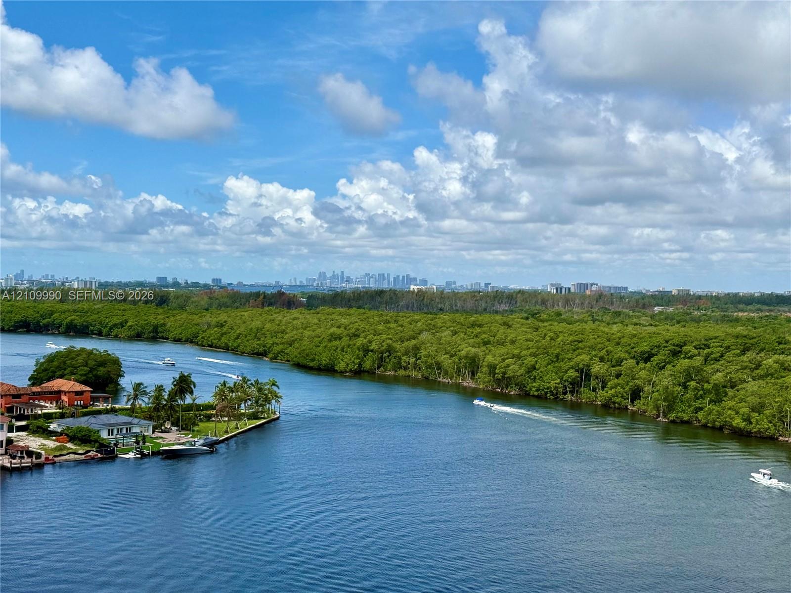 Waterfront aerial perspective featuring a canal, dense vegetation, and a distant cityscape skyline