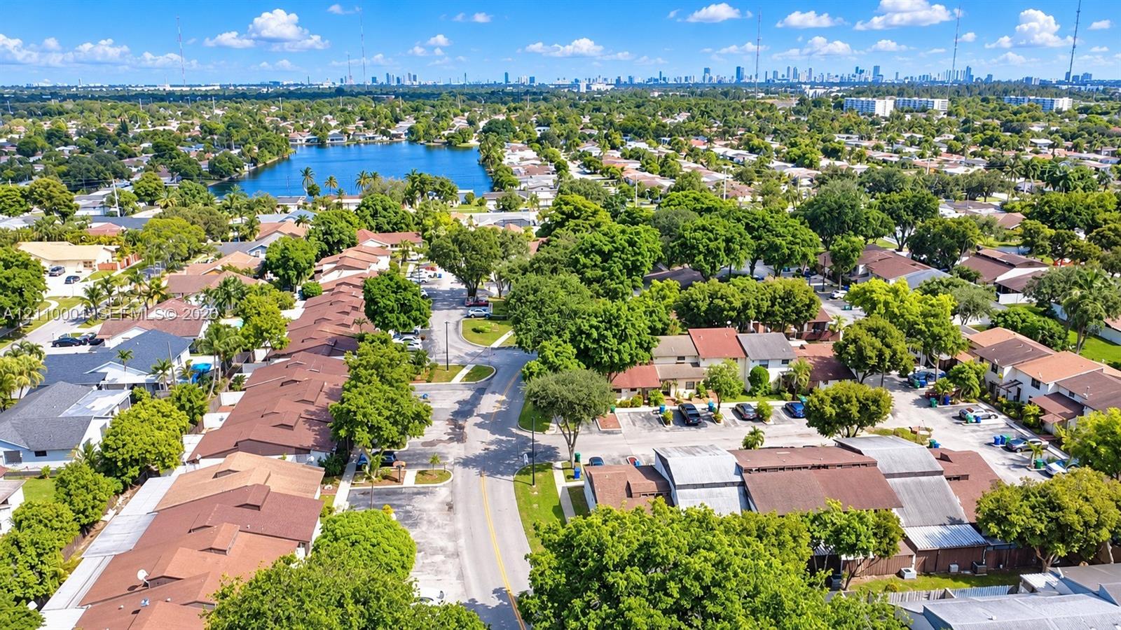 Aerial perspective featuring a residential community with mature canopy trees, proximity to a lake, and distant cityscape