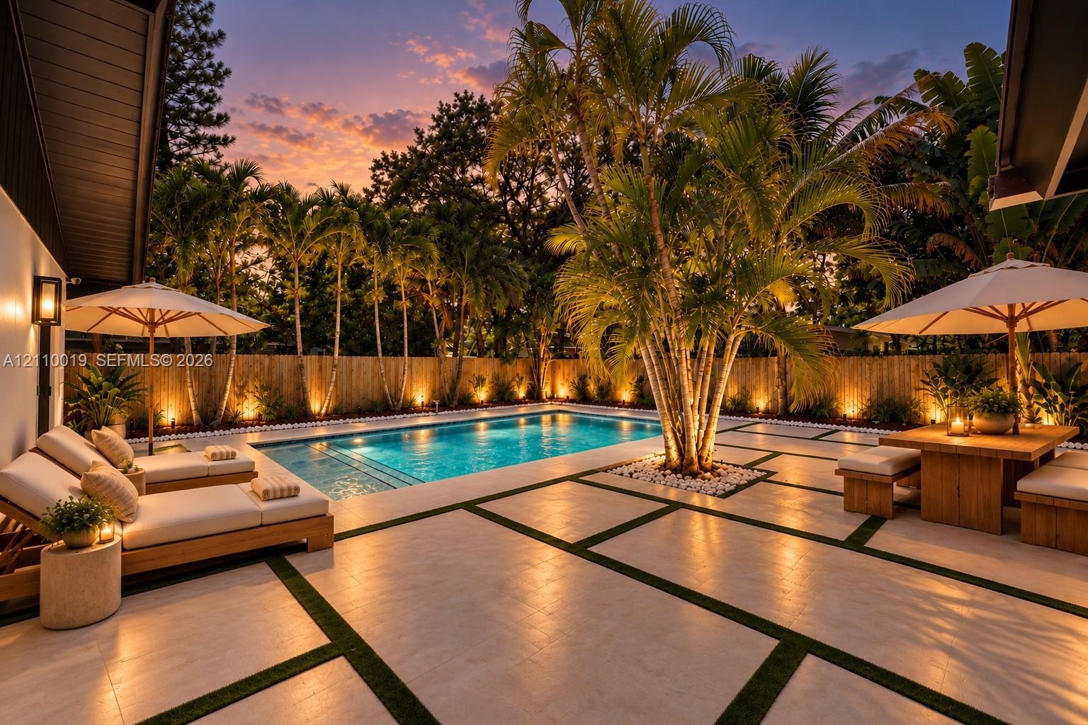In-ground swimming pool featuring a geometric paver patio with turf inlays, mature palm landscaping, vertical wood-slat perimeter fencing, and integrated landscape lighting