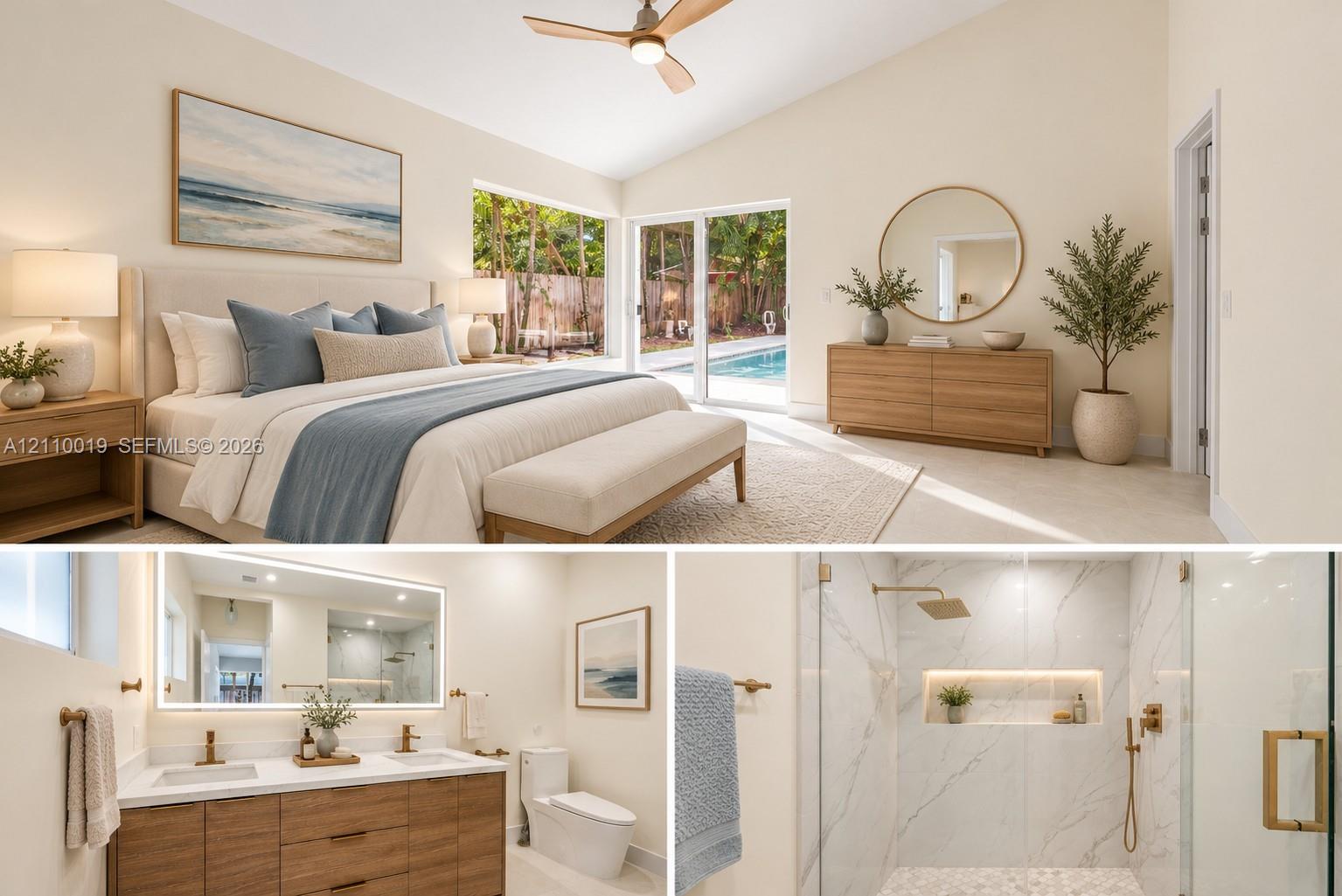 Property Documentation. Visual inventory of the primary bedroom and bathroom configurations within the property