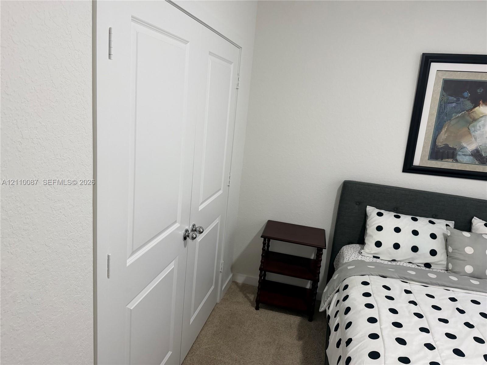 White double-panel closet doors featuring chrome spherical knobs and neutral wall-to-wall carpeting