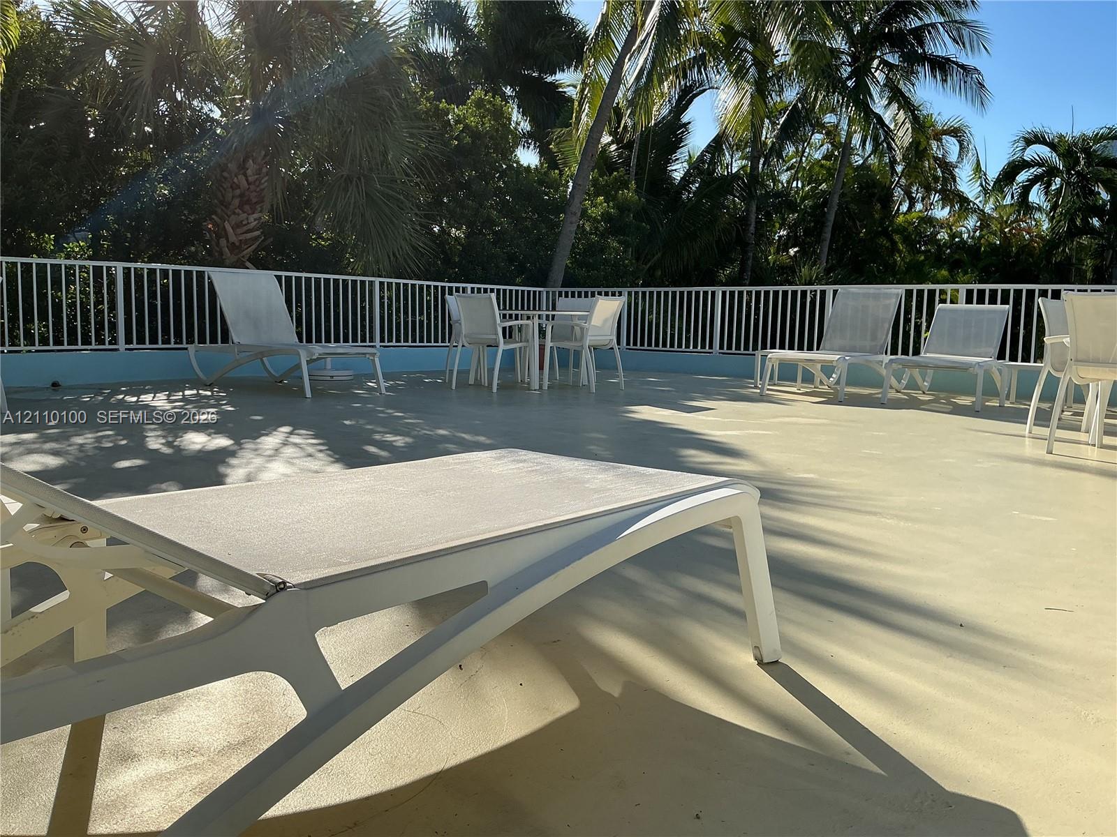 Expansive sun deck featuring a solid-surface finish, white metal railing, and mature palms