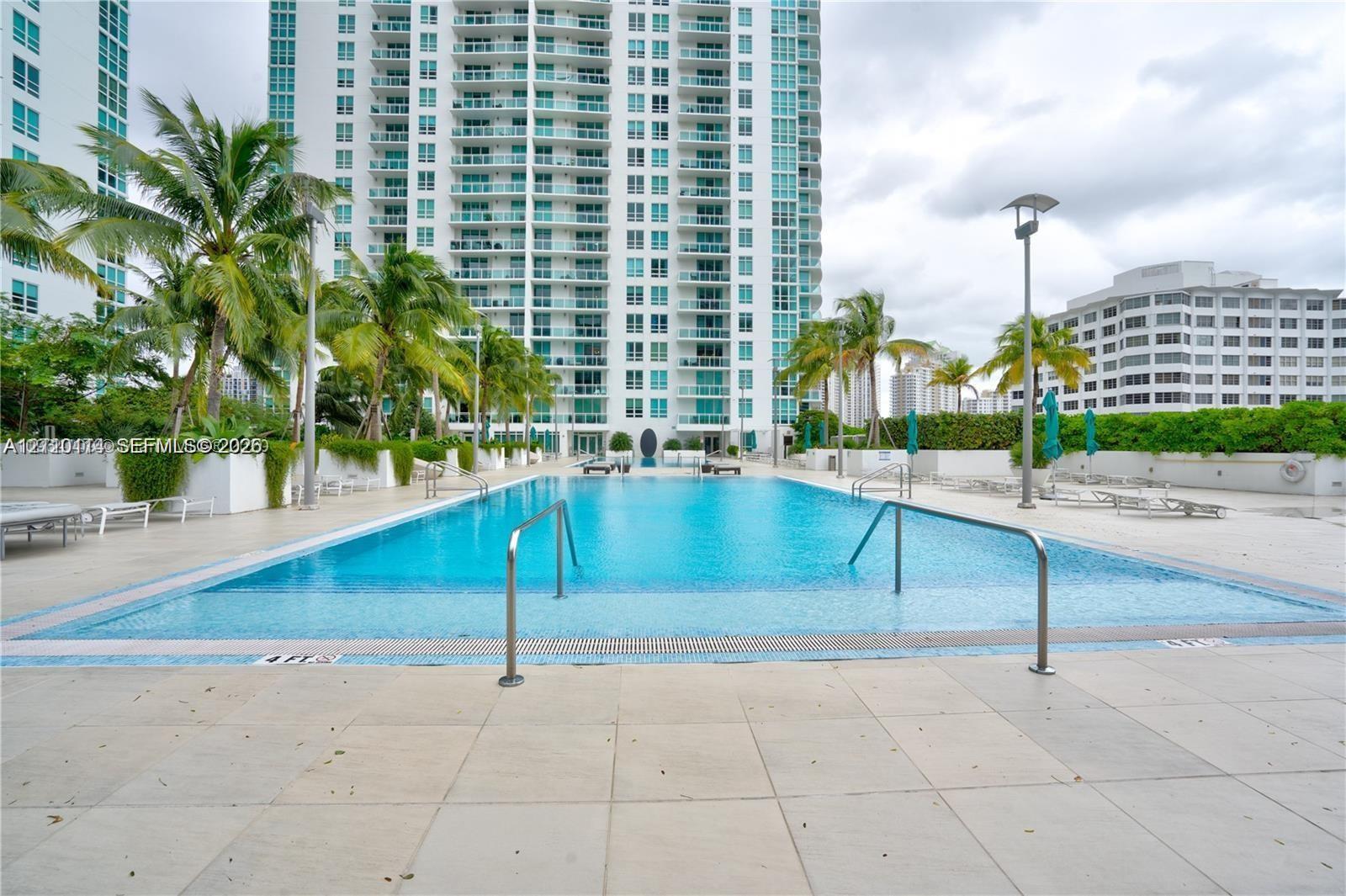 Swimming pool with tile surround, stainless steel entry rails, and integrated landscaping featuring mature palm trees