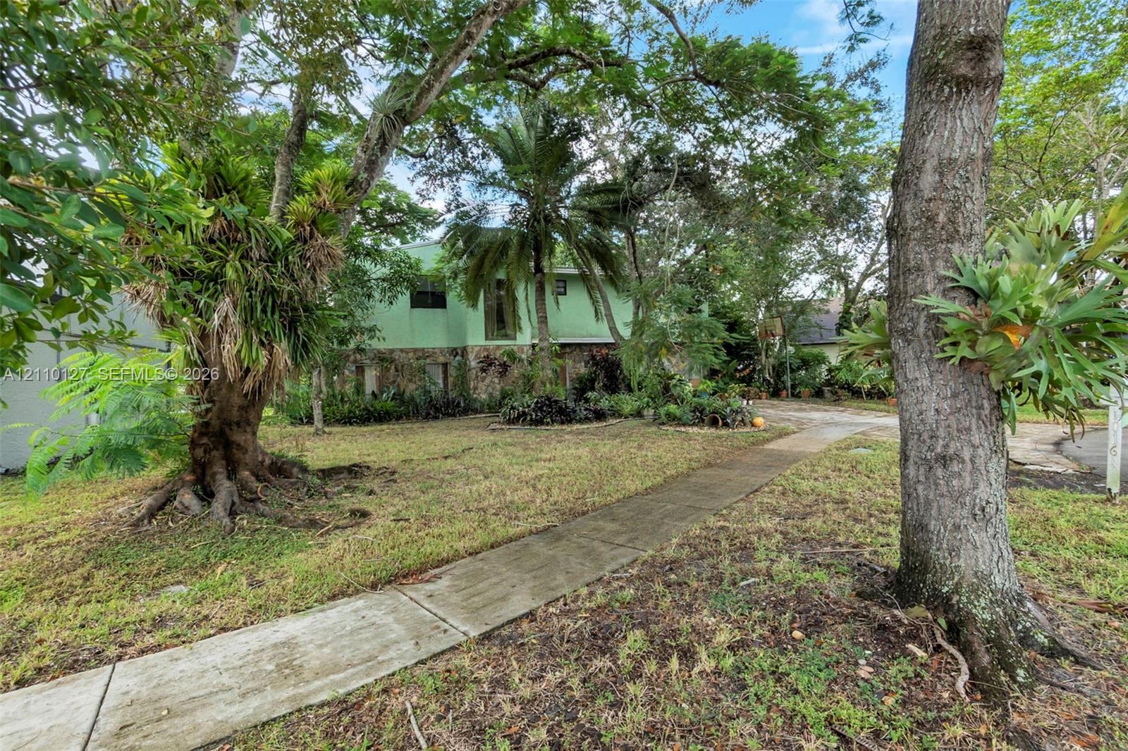 Exterior featuring stone foundation, mature landscape, concrete walkway, and palm trees