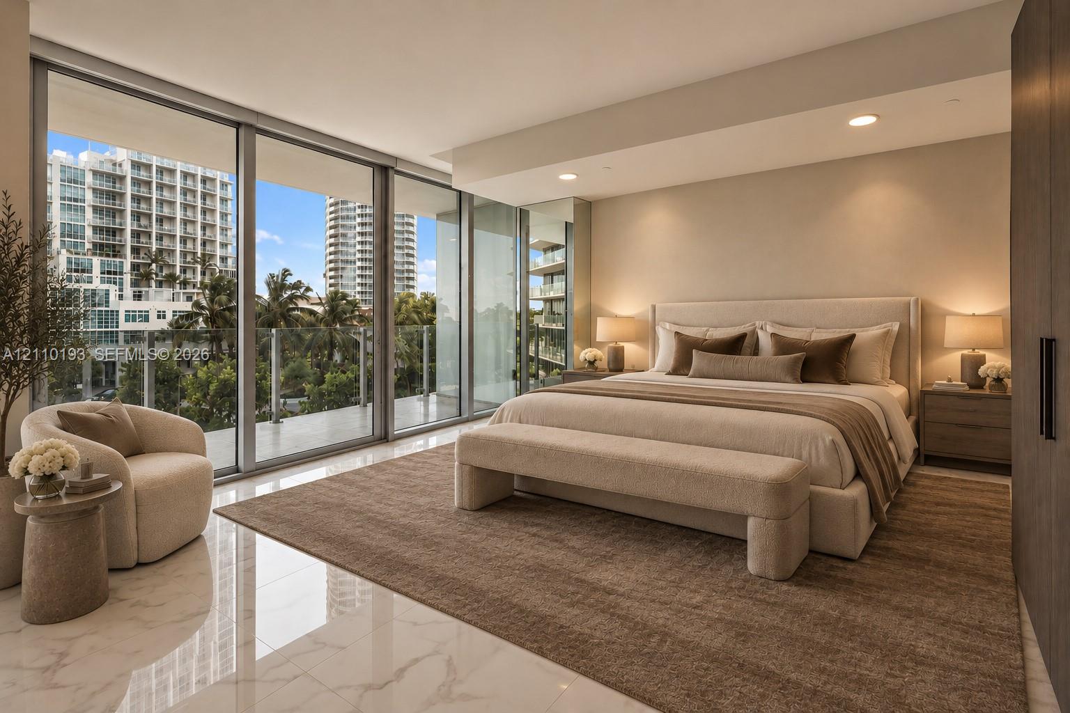 Floor-to-ceiling glass walls, polished stone-finish flooring, private balcony with glass railing, and custom full-height cabinetry
