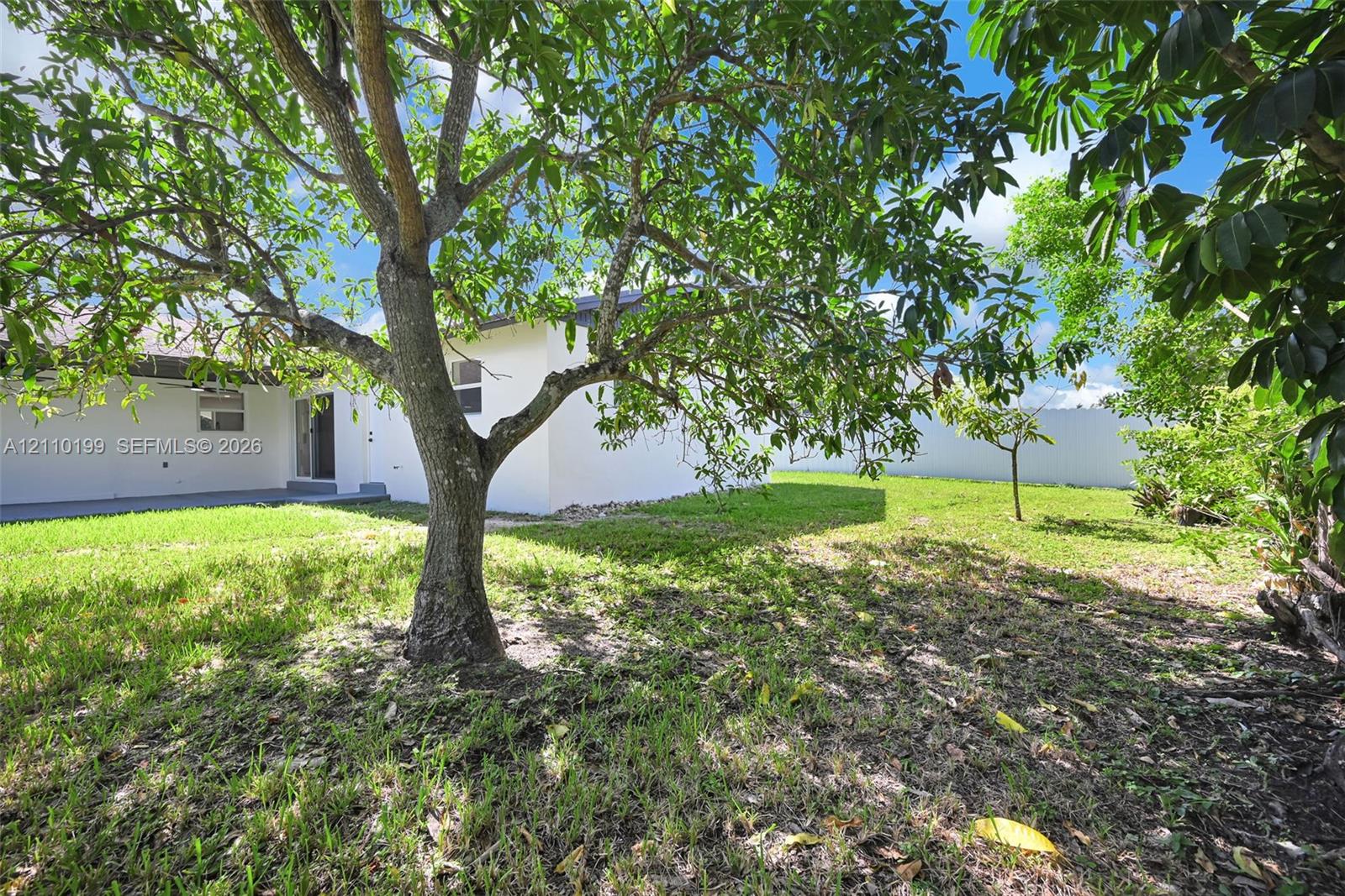Private backyard featuring a sprawling lawn, mature trees, a concrete patio, and a perimeter masonry wall
