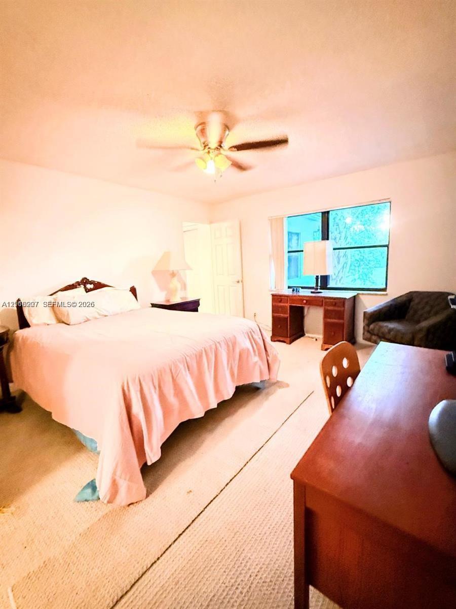 Neutral-toned carpeting, multi-pane window, and central ceiling fan with integrated lighting