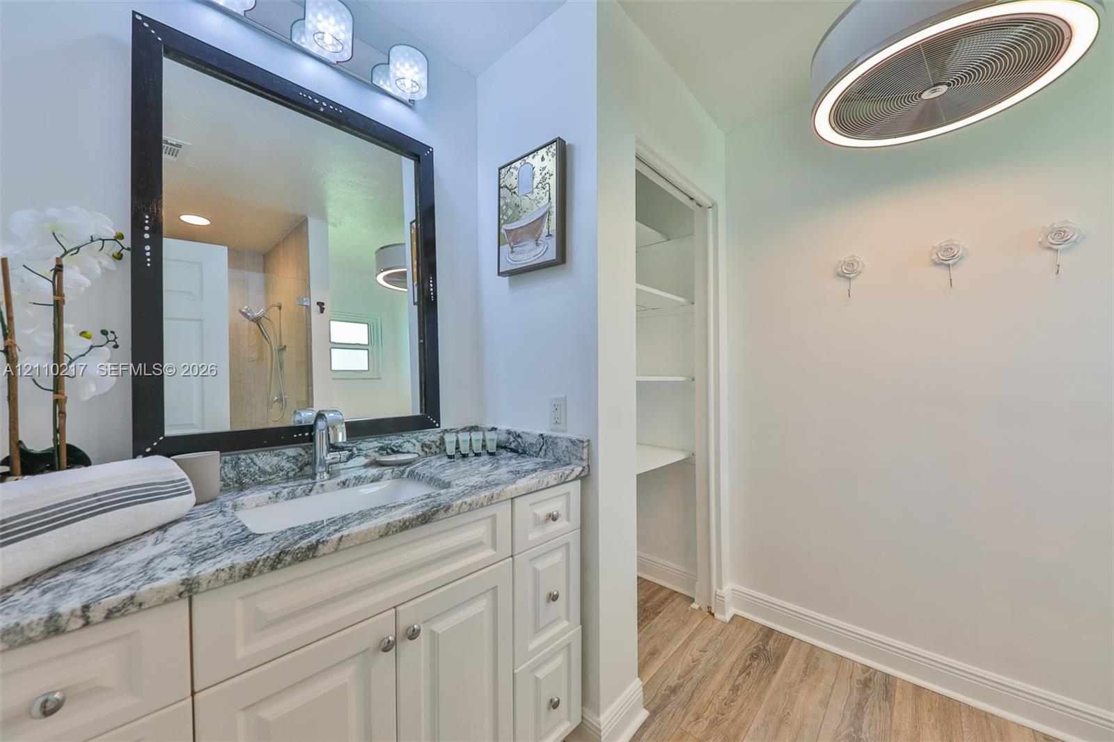 Vanity featuring stone-finish countertop with undermount sink, framed mirror, built-in cabinetry, wood-finish flooring, and integrated wall shelving