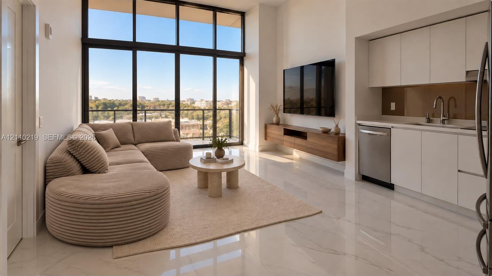 Floor-to-ceiling windows, polished stone-finish flooring, built-in wooden media console, stainless steel dishwasher, and flat-panel white cabinetry