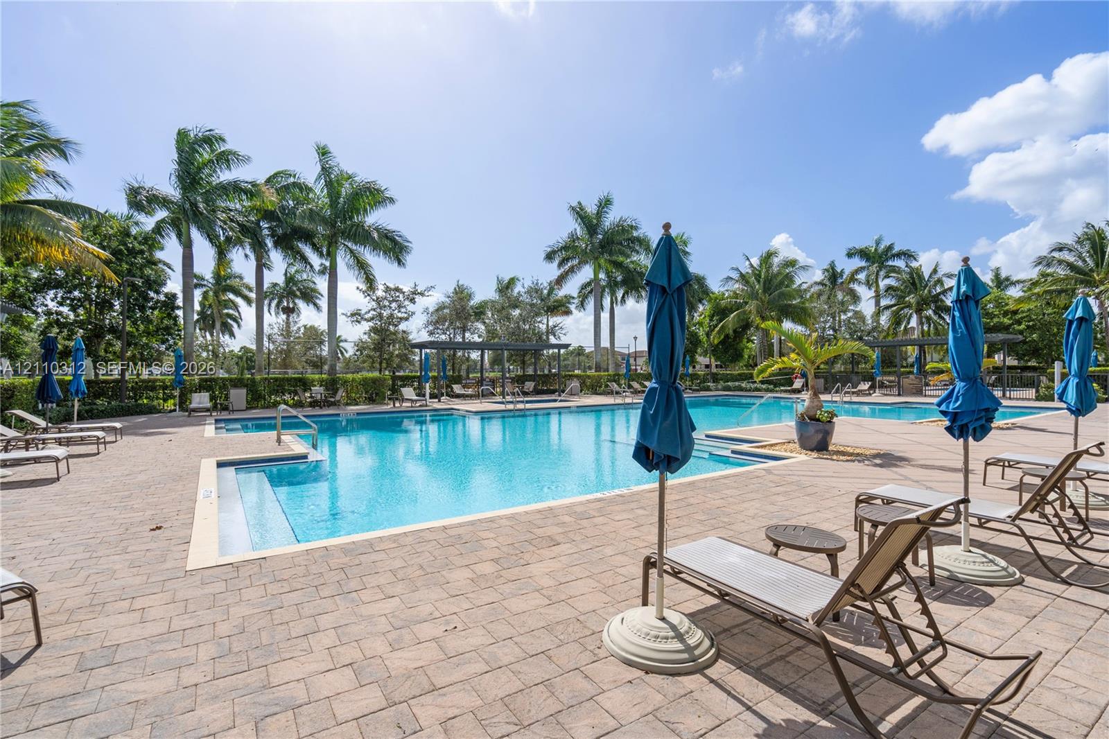 Swimming pool featuring a paver deck, shallow entry shelf, and integrated covered structures, surrounded by manicured landscaping and mature palms