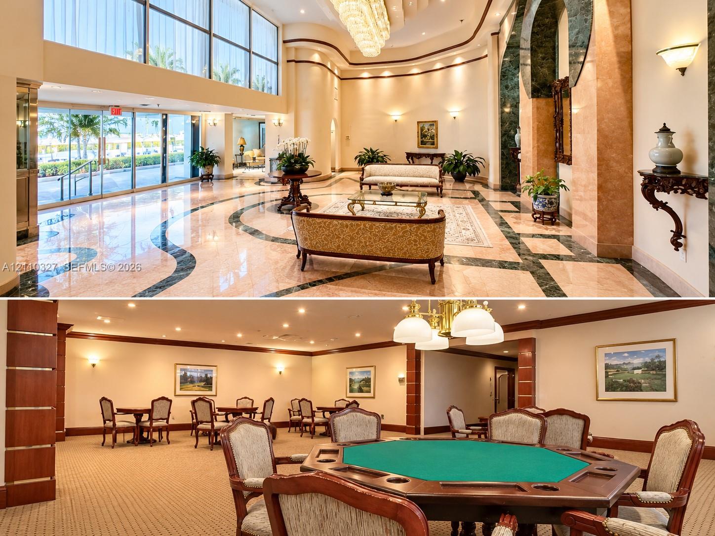 Grand lobby featuring floor-to-ceiling windows, polished stone flooring with decorative inlay, and recessed ceiling lighting, complemented by a secondary recreation area with wood trim and recessed lighting
