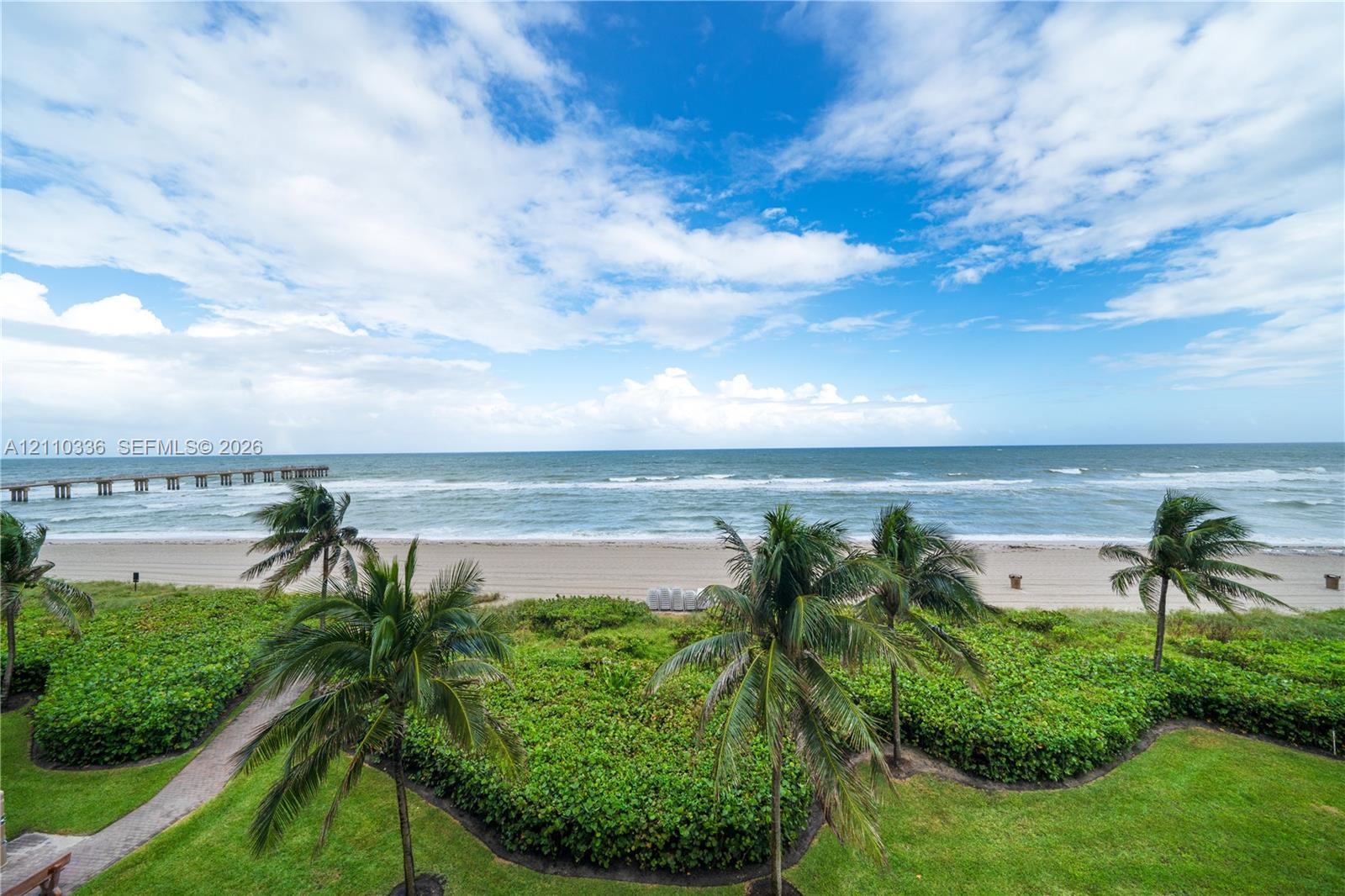 Coastal landscape featuring direct oceanfront access, manicured lawn, established palm trees, and native dune vegetation