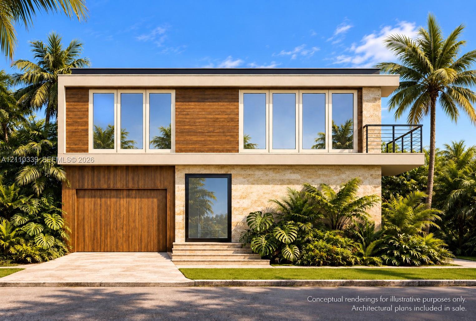 Modern dual-structure exterior featuring wood-finished siding, stone masonry cladding, integrated garage doors, floor-to-ceiling windows, and second-level balconies