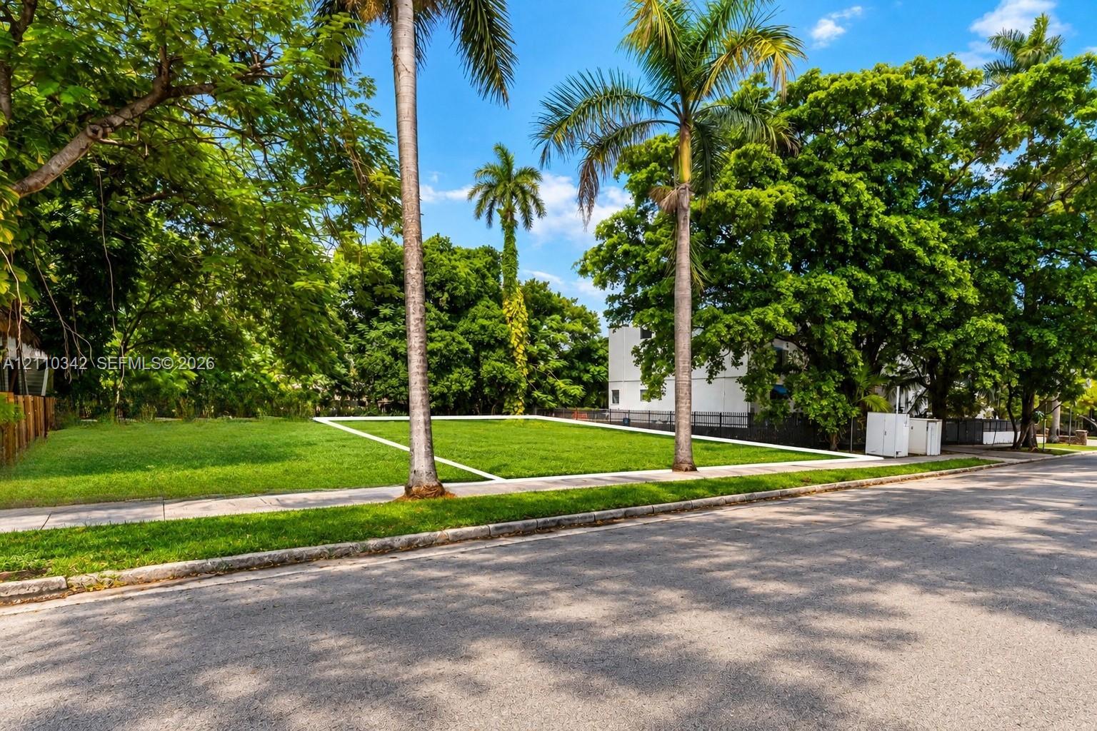 Cleared parcel featuring a grass lawn, mature palm trees, and existing concrete sidewalk