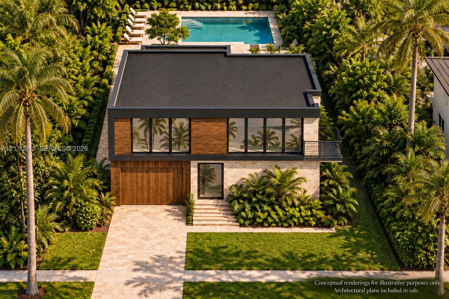 Two-story contemporary residence featuring stone-veneer exterior cladding, wood-finish paneling, an integrated garage, a private swimming pool, and stone paver hardscaping