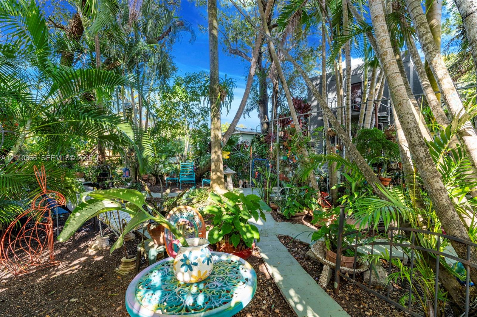 Mature palm trees, concrete pathways, and established garden landscaping