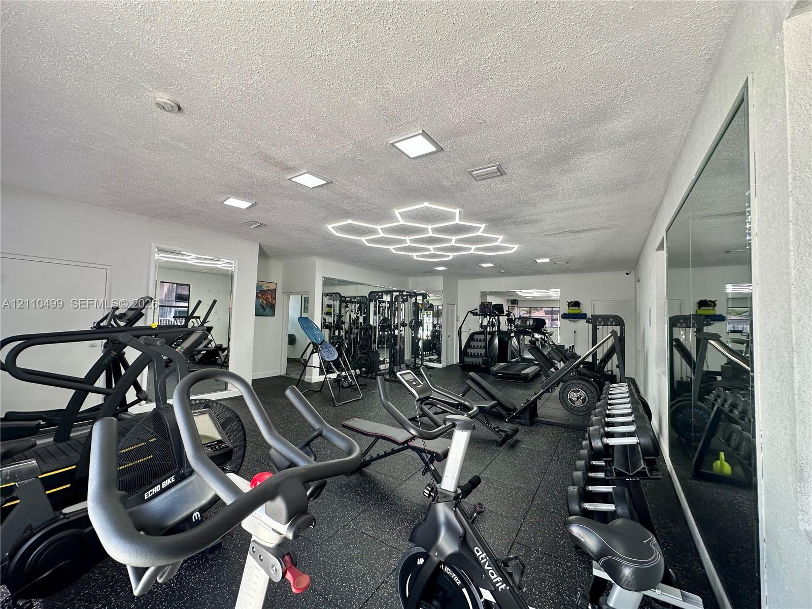 Interior space featuring durable rubber flooring, large wall-mounted mirrors, recessed lighting, and integrated hexagonal ceiling fixtures