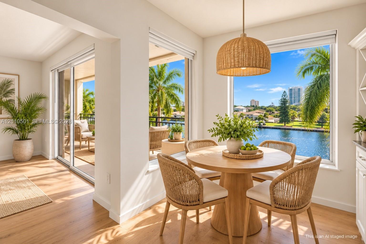 Ai generated Dining area featuring wood-finish flooring, a woven pendant light fixture, large picture windows, and sliding glass doors with water and landscape scenery