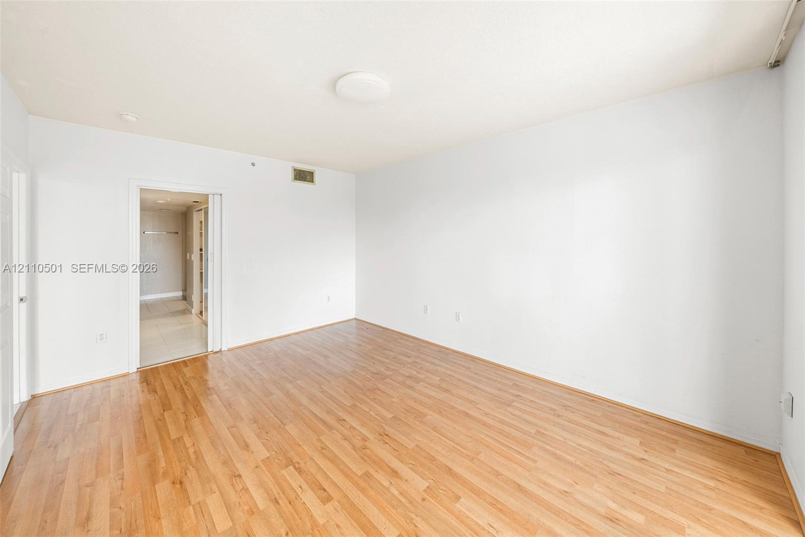 Interior space featuring wood-finish flooring, crisp white walls, and a ceiling-mounted light fixture