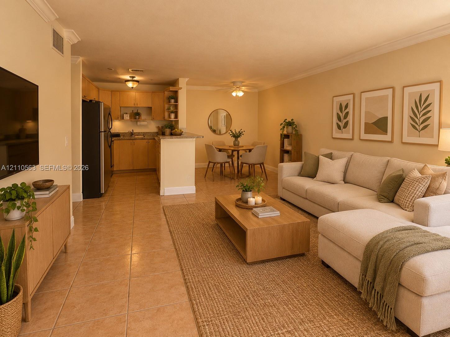Open-concept living space featuring ceramic tile flooring, kitchen with peninsula seating, wood cabinetry, and recessed lighting Open-concept living space featuring ceramic tile flooring, kitchen with peninsula seating, wood cabinetry, and recessed lighting