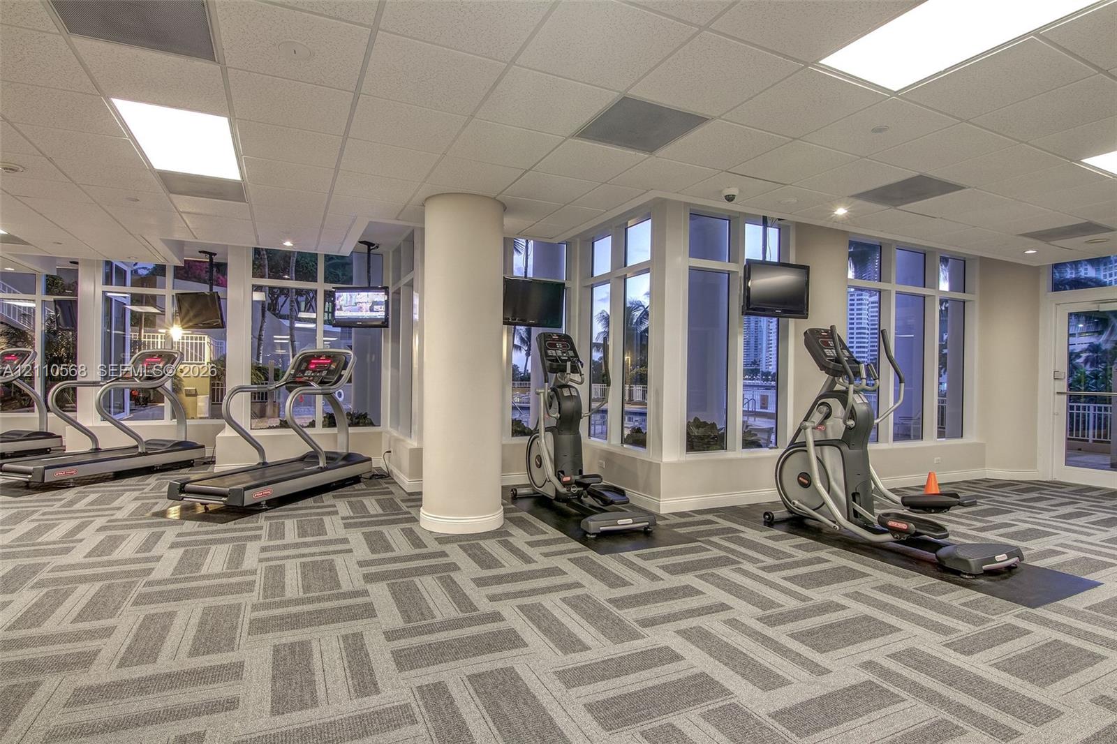 Fitness center featuring expansive floor-to-ceiling windows, high-contrast patterned commercial carpeting, recessed lighting, and structural support columns