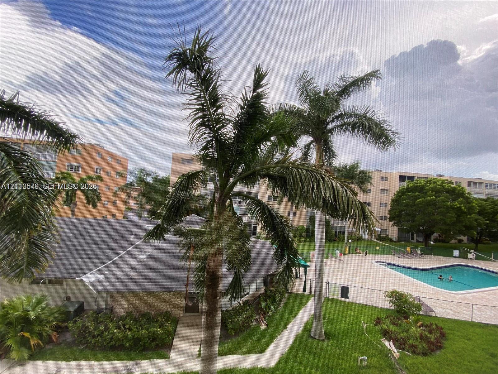 Outdoor community swimming pool with fenced perimeter, manicured green space, and mature palm tree landscaping