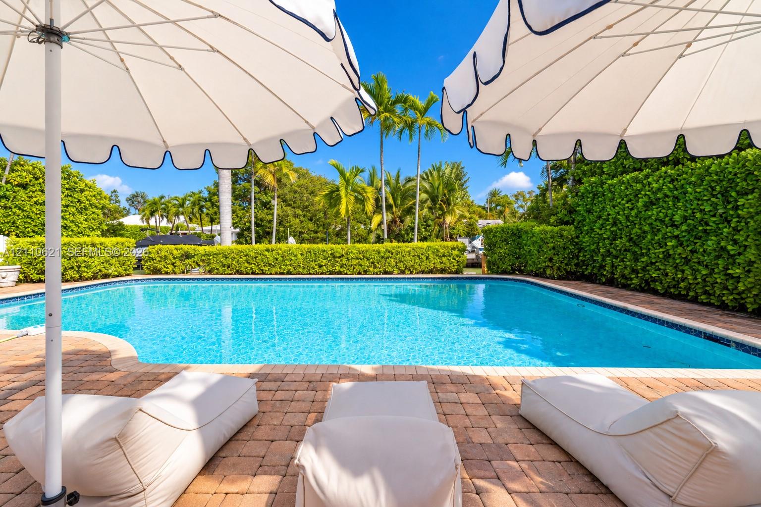 In-ground swimming pool featuring a brick paver deck, perimeter privacy hedges, and mature palm trees