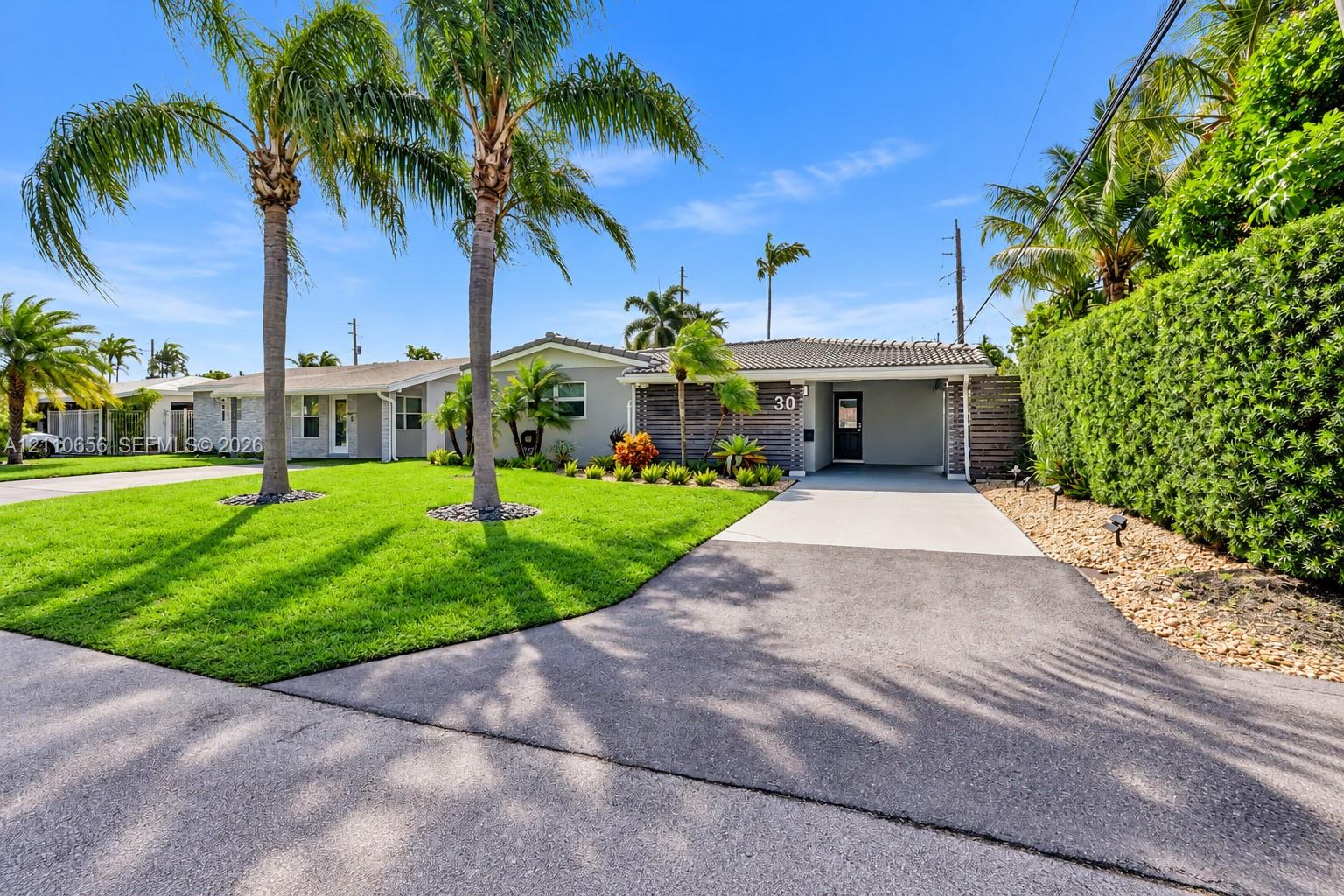 Single-story residence featuring a paved driveway, covered entryway, mature palm trees, and manicured landscaping