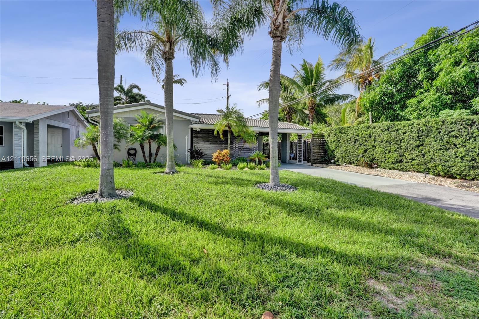 Exterior facade featuring a paved driveway, covered entryway, manicured lawn, established palm trees, and dense natural hedge screening