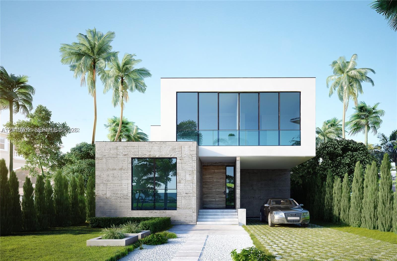 Modern contemporary exterior featuring natural stone facade, floor-to-ceiling glass windows, a glass-panel balcony, and a geometric hardscaped driveway